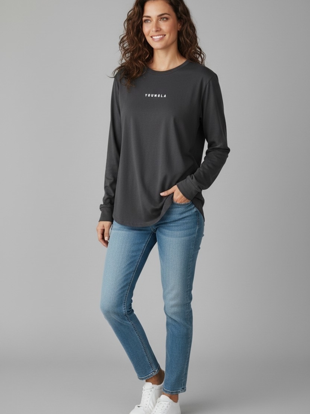 YoungLA Women's Long Sleeve Crewneck Tee - Charcoal